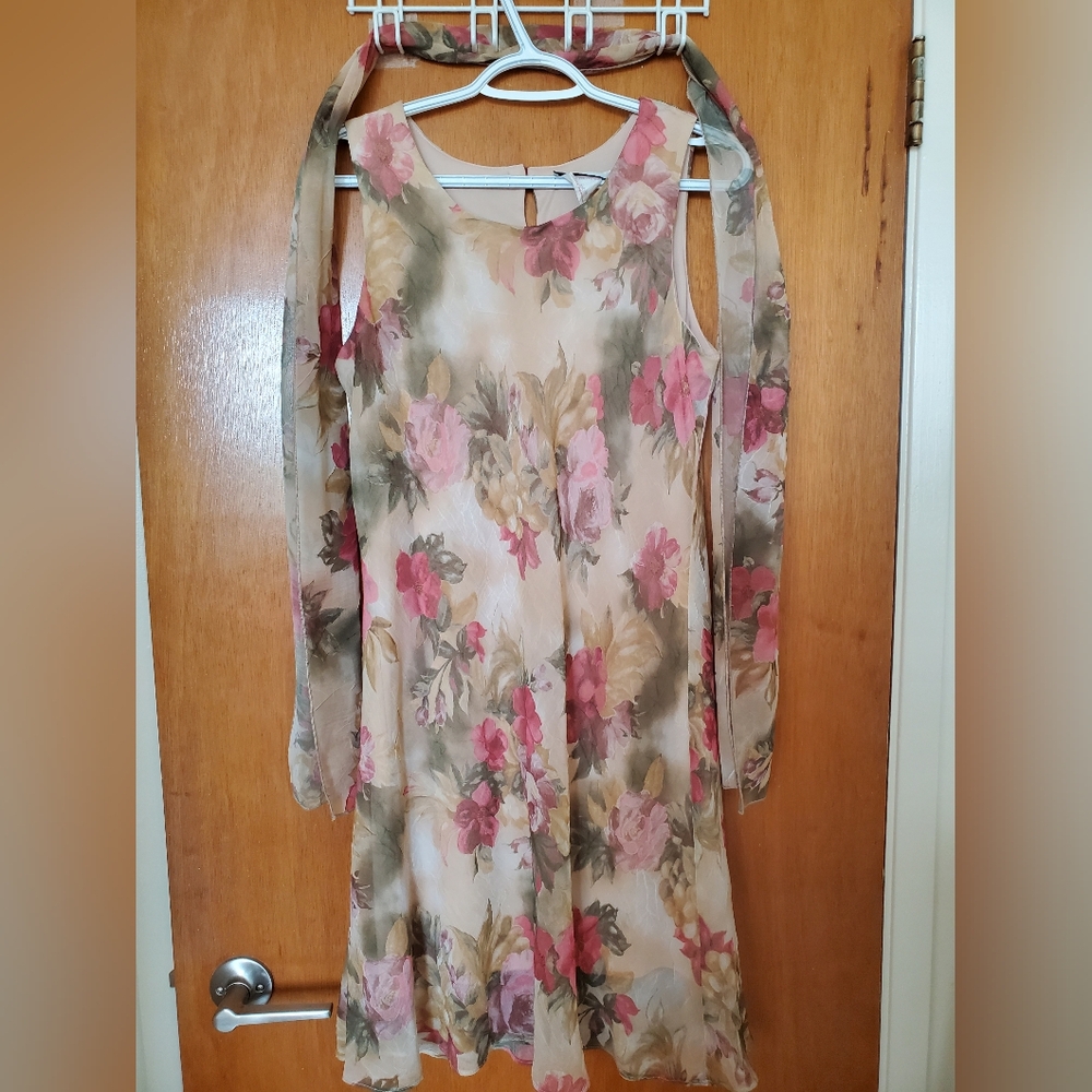 Vintage Fairweather 10 Beige Floral sleeveless dress with lining, keyhol…